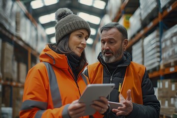A man and a woman are seen looking at a tablet screen in a warehouse setting. - Powered by Adobe