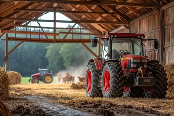 A tractor is driving through a barn filled with hay, typical scene of agricultural activity.
