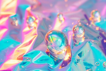 face serum droplets on a holographic foil background