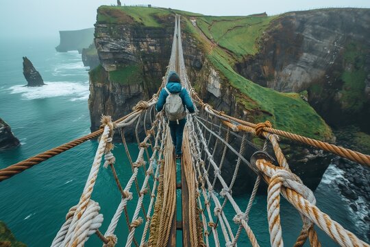 Fototapeta A person walking across a rope bridge suspended over the vast ocean below.