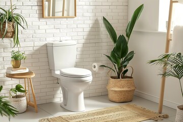 A white toilet is placed next to a white brick wall in a light bathroom setting.