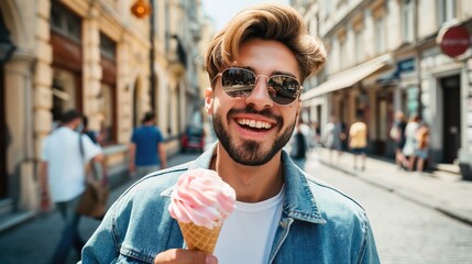 Trendy Young Man with Sunglasses Savoring an Ice Cream in Urban Scene.