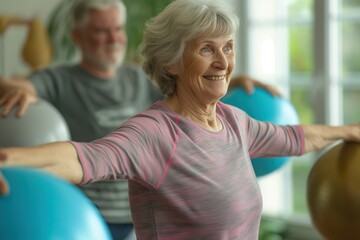 Obraz premium An older woman is engaged in exercise, while a man can be seen in the background.