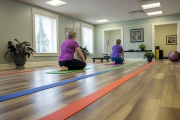 A group of people are seated on yoga mats in a room while engaging in exercises or therapy.