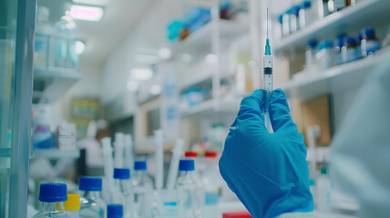 doctor holds a syringe on white blurred laboratory background
