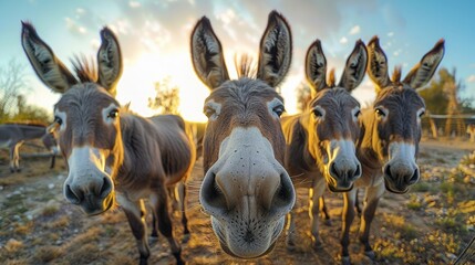 Group of funny donkeys looking at the camera. Generative AI.