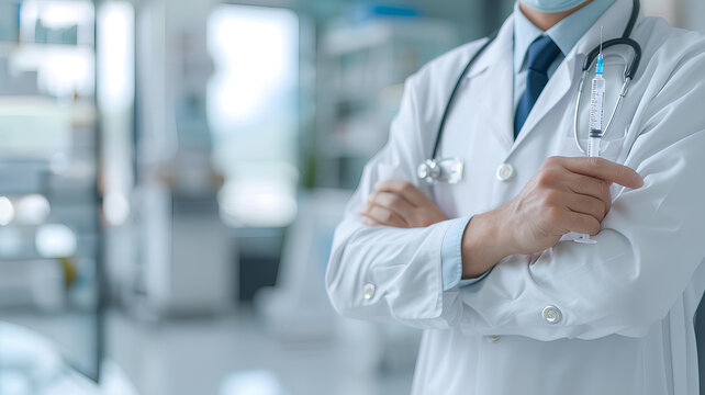 doctor holds a syringe on white blurred hospital background