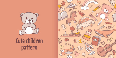 Preschool kindergarten doodle seamless pattern. Educational toys, kids activities, doodle drawing, line art. Children vector illustration
