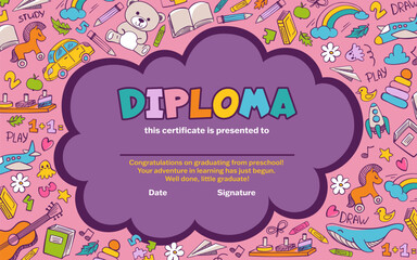 School and preschool diploma certificate for kids and children in kindergarten or primary grades with doodle elements on background with doodle toys, pencils, whale. Vector cartoon illustration