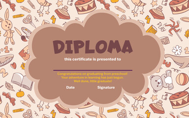 School and preschool diploma certificate for kids and children in kindergarten or primary grades with doodle elements on background with doodle toys, pencils, whale. Vector cartoon illustration