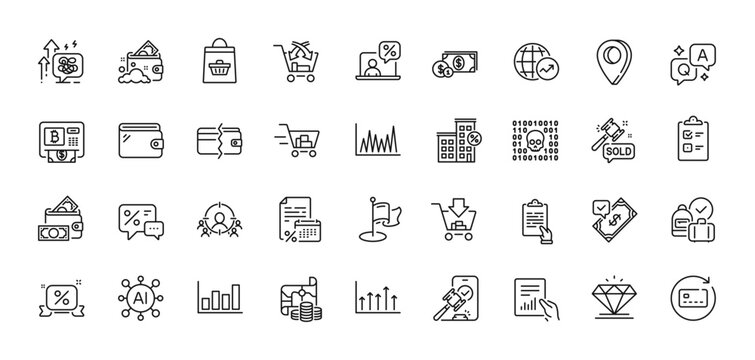 Document, World statistics and Cross sell line icons pack. AI, Question and Answer, Map pin icons. Milestone, Renew card, Loan house web icon. Accepted payment, Auction, Stress grows pictogram. Vector