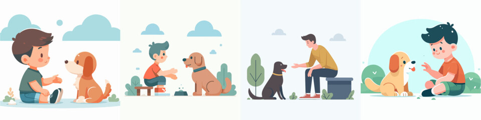 Obraz na płótnie Canvas Set Vector illustration of people with pets in flat design style