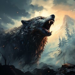 Digital illustration art painting a wolf howling in the wild, a big fool moon, and clouds is the background. 
