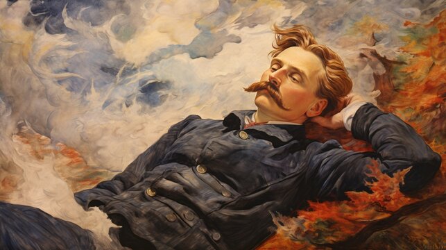 A man with a mustache is laying on a rock. The painting is of a man in a blue jacket and a mustache