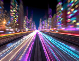 Obraz premium Long exposure photo of the street in the night , big city lights generative Ai
