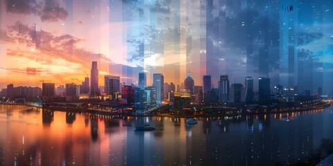 Timelapse of cityscape transitioning from day to night showcasing urban scenes and seasonal lights through different seasons. Concept Cityscape Timelapse, Day to Night Transition, Seasonal Lighting - obrazy, fototapety, plakaty