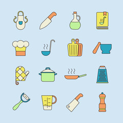 Cooking foods and kitchen vector icon set