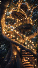 A spiral staircase winding around a massive tree in an enchanted forest, with fairy lights...