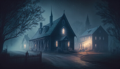 Haunted houses in an old village in mysterious dim light, on a misty night. Halloween mood.