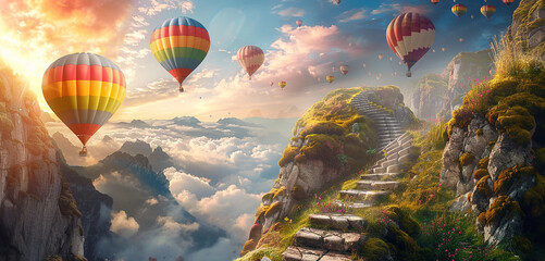 A staircase winding its way up the side of a cliff, with colorful hot air balloons drifting by - obrazy, fototapety, plakaty