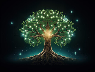 Beautiful spirit tree with green sparkling leaves, on black background. Mythological magic tree, spiritual energy of nature.