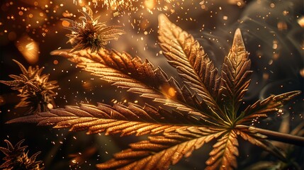 Background of marijuana leaf and marijuana flower, golden and dark. Generative AI.