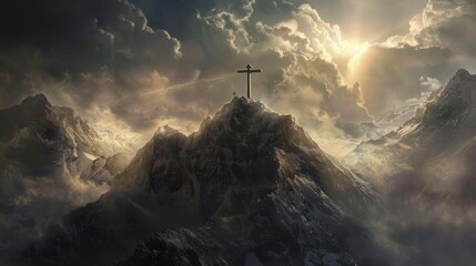 Easter background. Happy easter! Crucifix on a mountain against the sky - obrazy, fototapety, plakaty