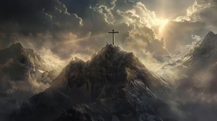 Fotobehang Easter background. Happy easter! Crucifix on a mountain against the sky © Olga Troitskaja