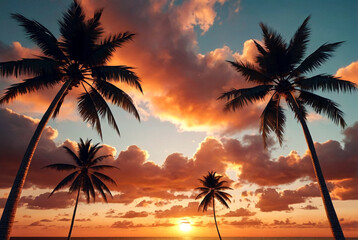 Background tropical natural landscape with coconut palm trees on fantastic sunset, amazing orange sky with clouds. Concept of summer vacation and business travel. Beauty in tropic climate. Copy space - obrazy, fototapety, plakaty
