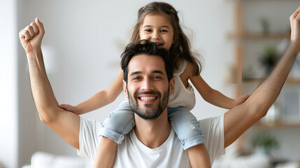 A delighted father giving his daughter a piggyback ride, both smiling joyfully. - Powered by Adobe