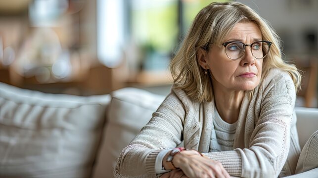 Pensive senior woman with glasses looking away.