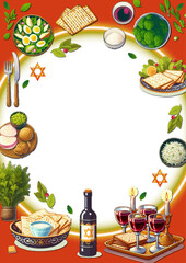 Set of Easter icons. A4 flat book format for Passover haggadah. Collection with Seder plate, food, matzo, wine, torus, pyramid.