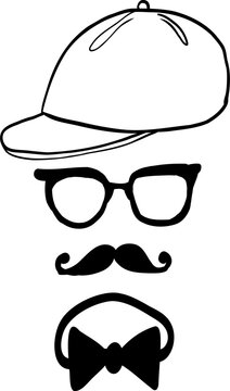 Hipster hand drawn vector illustration. Portrait hat glasses moustache