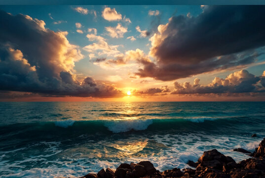 Background tropical nature landscape with sunset on fantastic seascape, amazing orange sky with clouds on ocean coastline. Concept of summer vacation and business travel. Beautiful in tropical climate