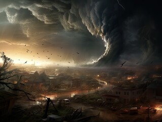 destructive tornado tearing through a city, leaving a path of havoc and destruction in its wake. Buildings crumble, debris flies through the air, and panicked residents flee for safety.  - obrazy, fototapety, plakaty