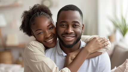 Happy couple with warm smiles in a bright home.