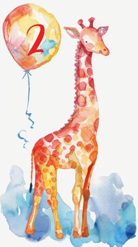 Watercolor illustration of a children's birthday card. Little giraffe with a balloon, watercolor. Postcard for a child aged two years.