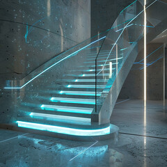 A staircase with a futuristic holographic handrail