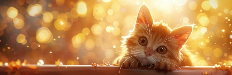 Kitten peering over edge with sparkling bokeh lights, Concept of curiosity, comfort, and festive warmth
