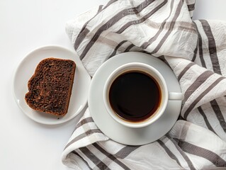 View from above. Photo of a cup of coffee, saucer with black bread on a white background. Minimalist breakfast