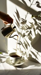 Close-up of a girl's hand pouring coffee in a coffee pot into a cup with natural color shadows