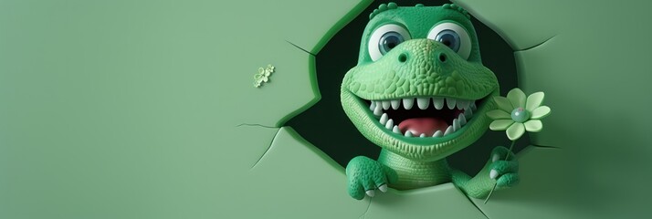 Dinosaur breaking through a wall, surprise and playful mischief concept
