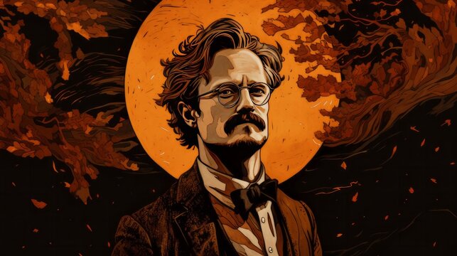 A man with glasses and a mustache stands in front of a large orange moon. The image has a dark and moody atmosphere, with the man's facial expression and the orange moon creating a sense of mystery