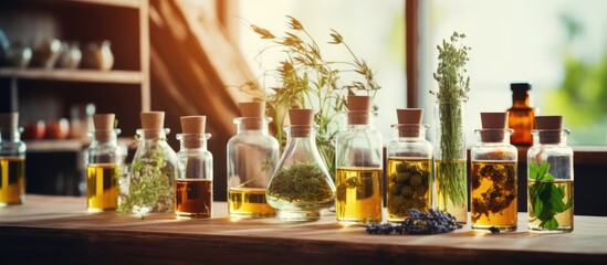 Assortment of different types of herbal bottles placed on a wooden table with various herbs stored in them - obrazy, fototapety, plakaty
