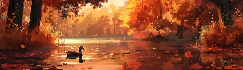 Serene swan on a golden autumn lake, peaceful solitude and natural beauty concept 
