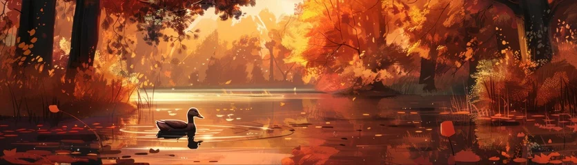 Zelfklevend Fotobehang Serene swan on a golden autumn lake, peaceful solitude and natural beauty concept  © Trng