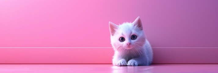 White kitten with wide eyes against a pink wall, curiosity and innocence concept
