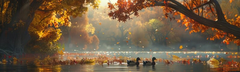 Boating on a mystical autumn river, peaceful retreat and harmony with nature concept
 - obrazy, fototapety, plakaty
