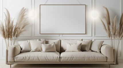 Ultra Realistic Scandinavian Living Room Interior Background Showcasing a Blank Horizontal Poster Frame.
