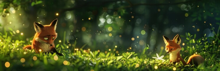 Obraz premium Fox family enjoying a magical forest, family bonding and nature's wonder concept 